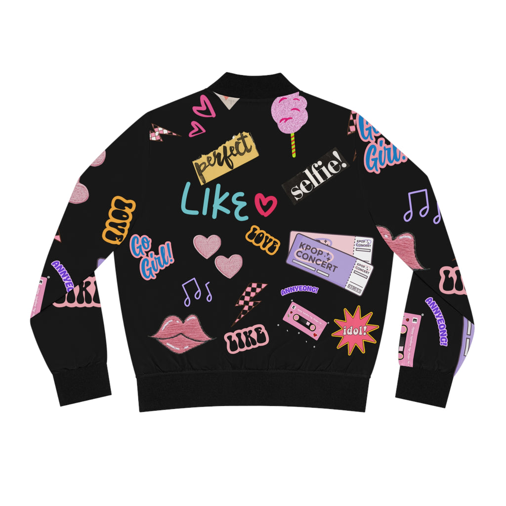 Media Bomber Jacket — Black Retro Pink Pop Sticker Pattern with 'Though She Be But Little, She Is Fierce'