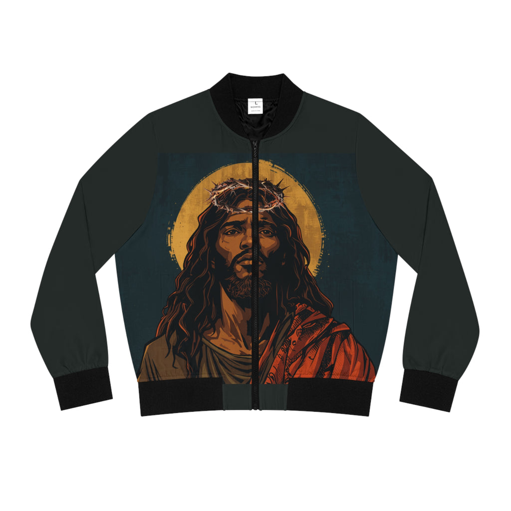 Jesus Is King (Women's)Bomber Jacket — Graphic Christian Faith Jacket with Portrait & ‘Jesus is King’ Back Design