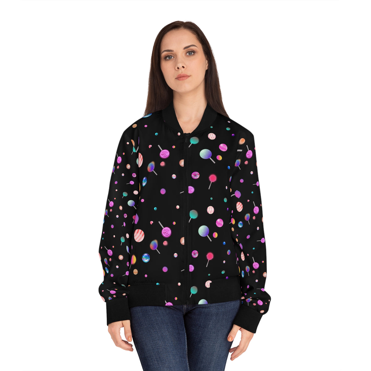 Lollipop Kandi Bomber Jacket — Women's Colorful Sweets AOP