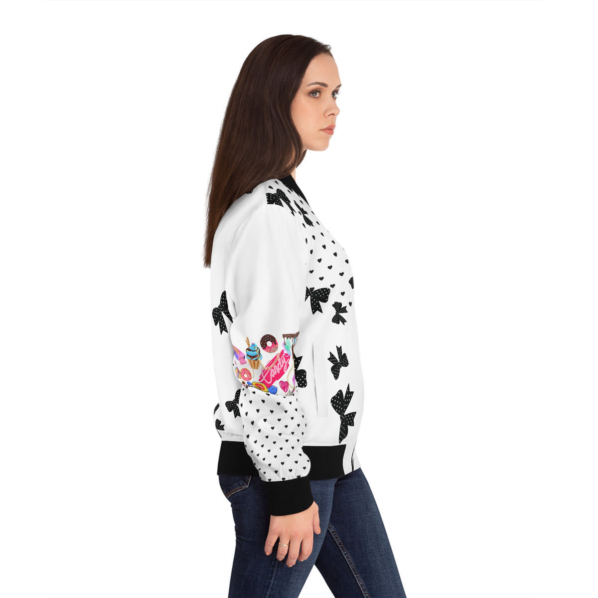 White Candy Print Bomber Jacket — Pink Sweets Graphic Women's Jacket