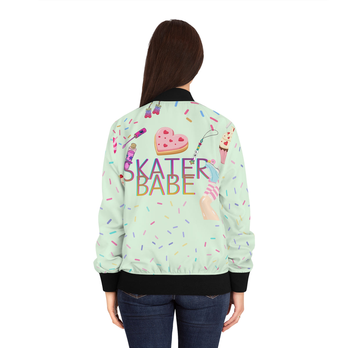 Skater Babe Bomber Jacket – Retro Roller Skate Cute Pastel AOP