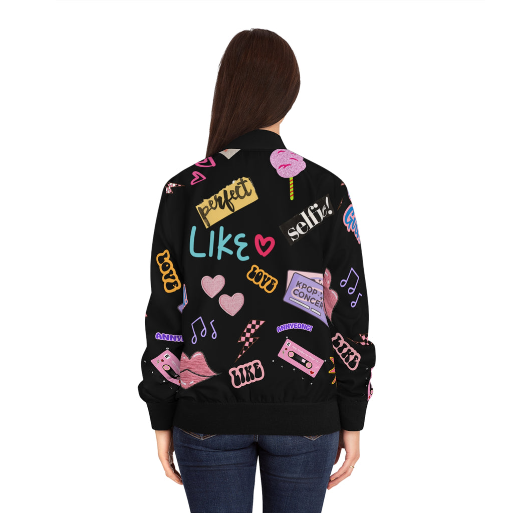 Media Bomber Jacket — Black Retro Pink Pop Sticker Pattern with 'Though She Be But Little, She Is Fierce'
