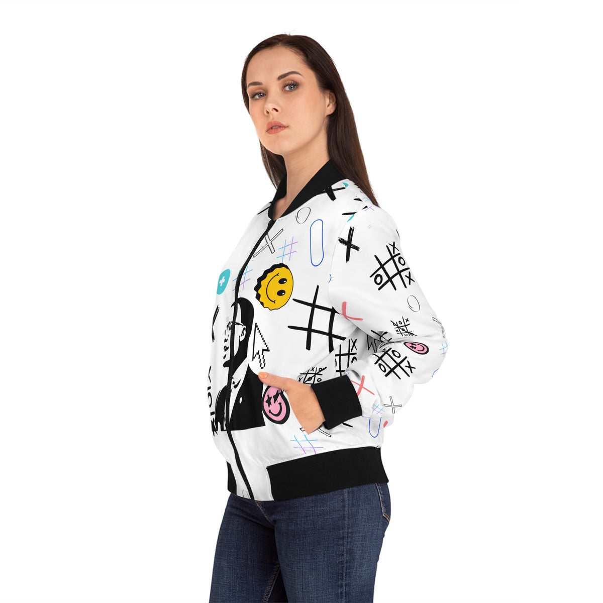 Say Sum Else! White graphic bomber jacket | Streetwear smiley face collage