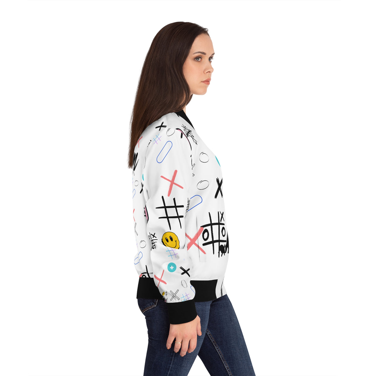 Say Sum Else! White graphic bomber jacket | Streetwear smiley face collage