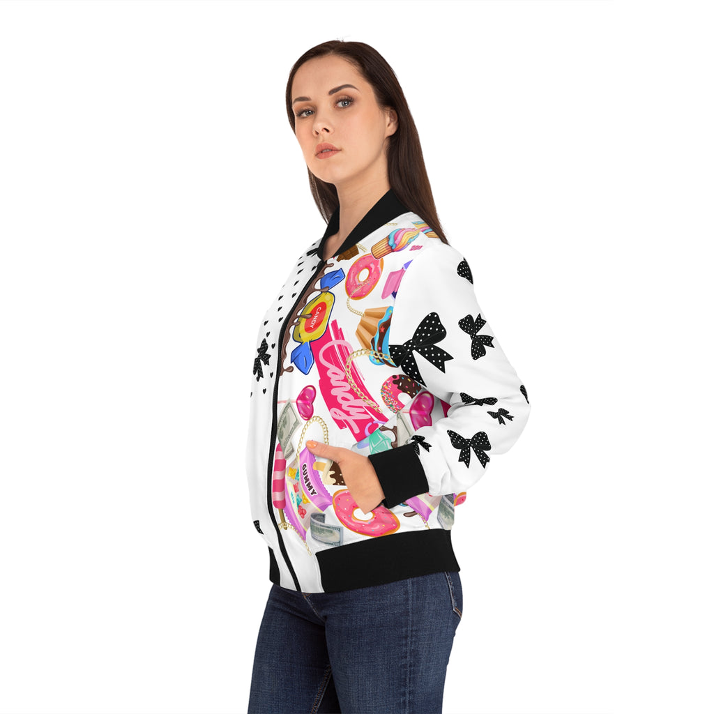 White Candy Print Bomber Jacket — Pink Sweets Graphic Women's Jacket