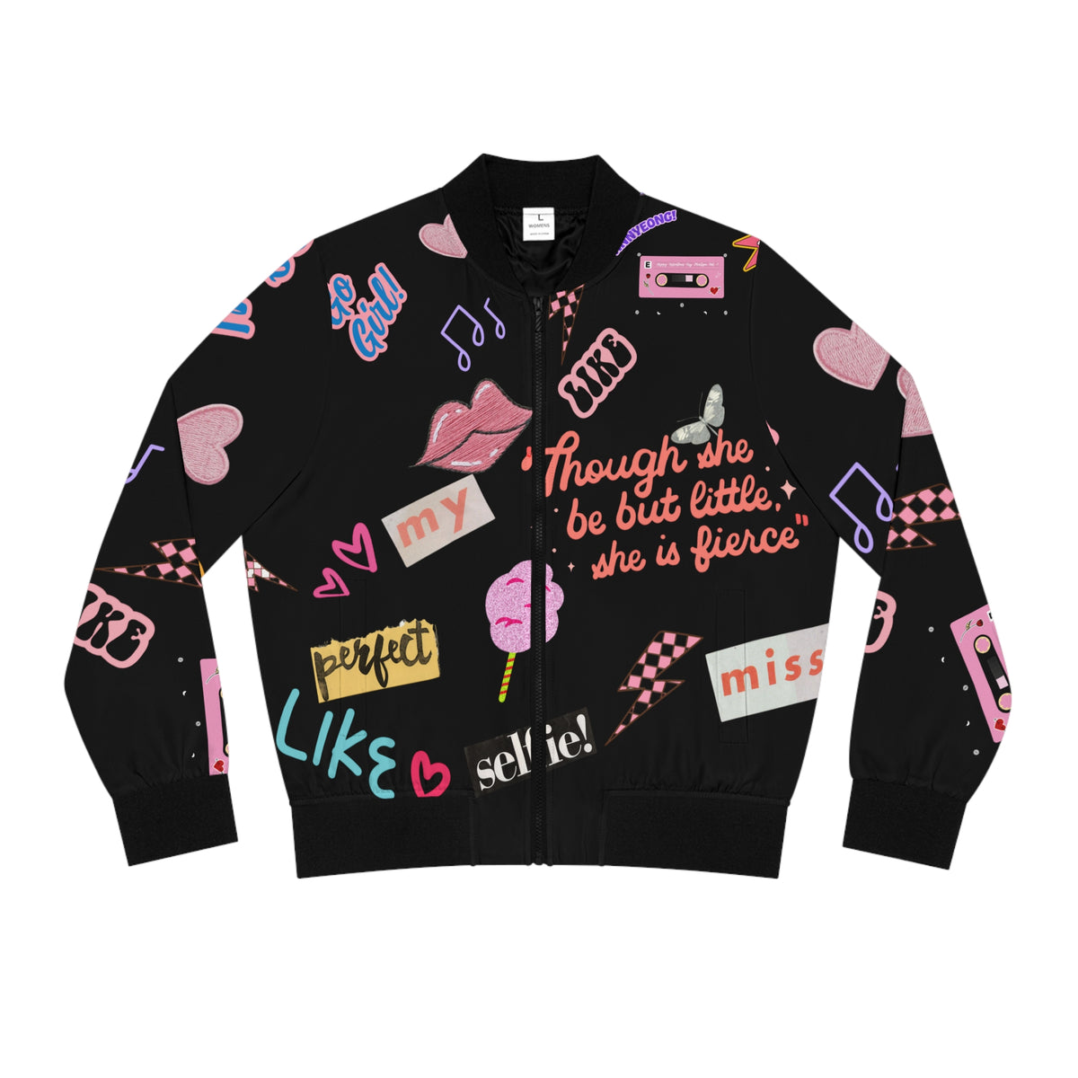 Media Bomber Jacket — Black Retro Pink Pop Sticker Pattern with 'Though She Be But Little, She Is Fierce'