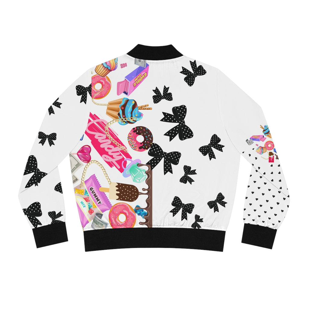 White Candy Print Bomber Jacket — Pink Sweets Graphic Women's Jacket
