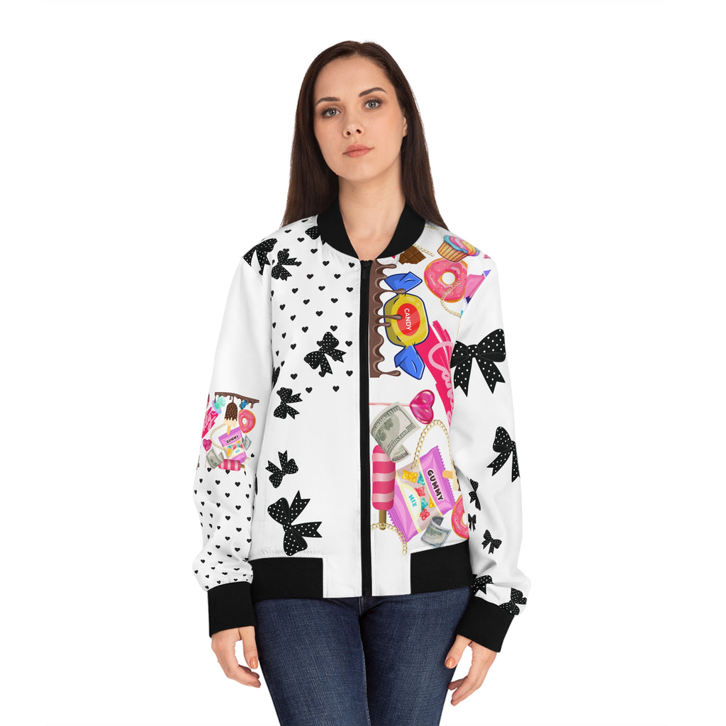 White Candy Print Bomber Jacket — Pink Sweets Graphic Women's Jacket