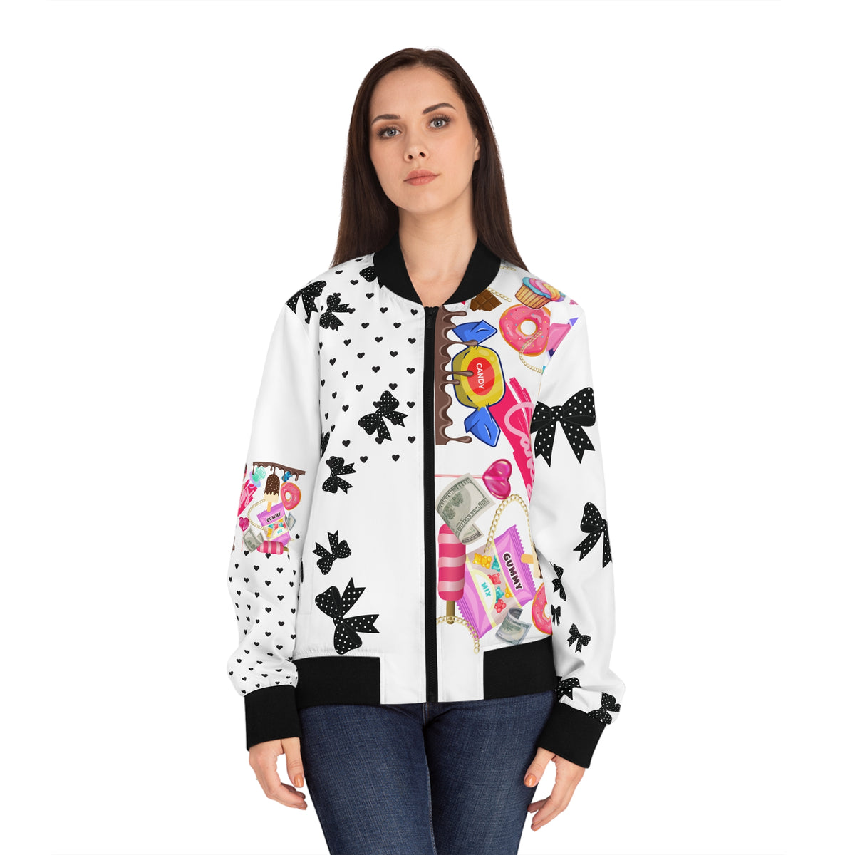 White Candy Print Bomber Jacket — Pink Sweets Graphic Women's Jacket