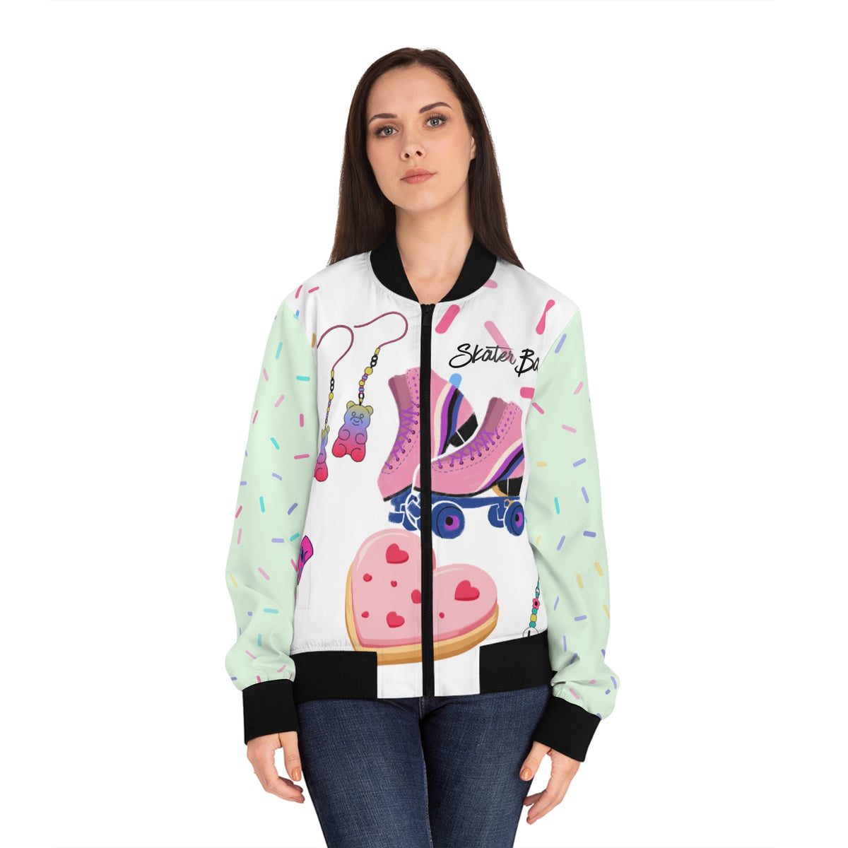 Skater Babe Bomber Jacket – Retro Roller Skate Cute Pastel AOP