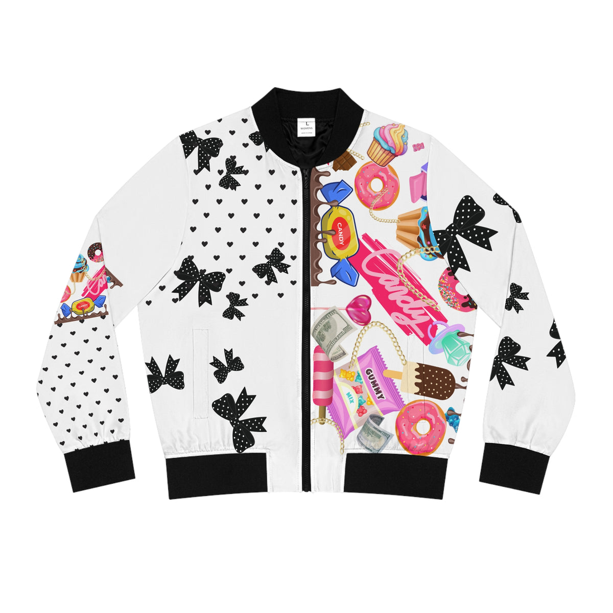 White Candy Print Bomber Jacket — Pink Sweets Graphic Women's Jacket
