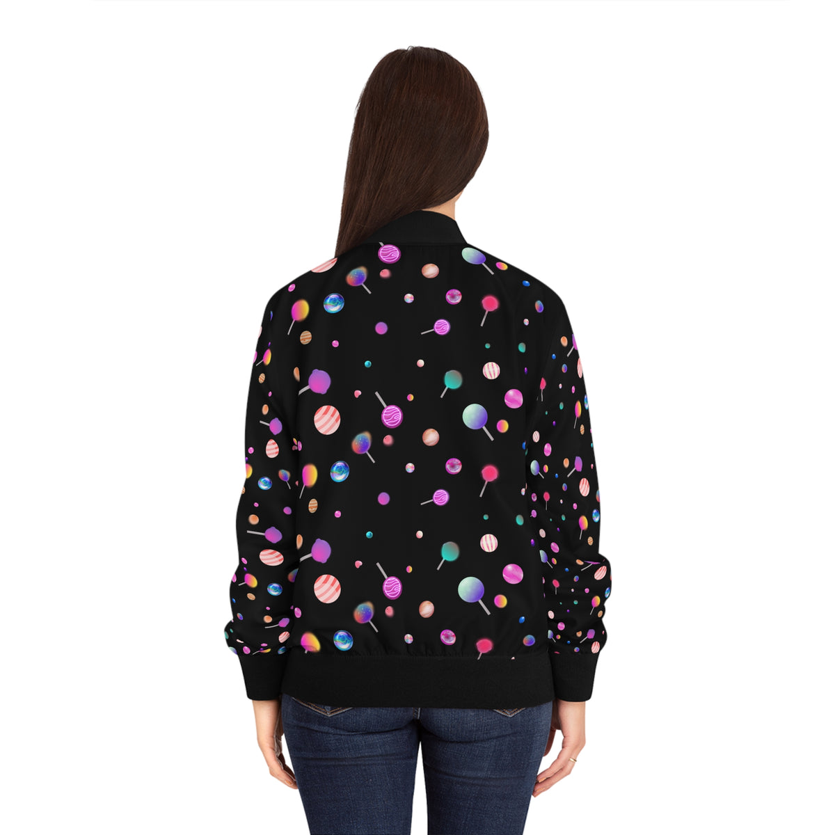 Lollipop Kandi Bomber Jacket — Women's Colorful Sweets AOP
