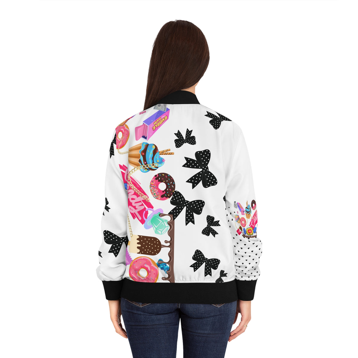 White Candy Print Bomber Jacket — Pink Sweets Graphic Women's Jacket