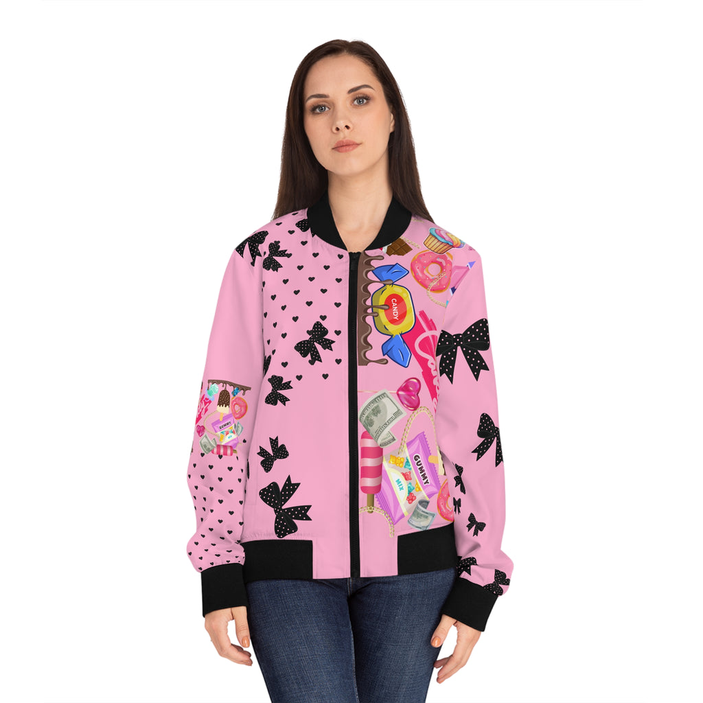 Pink Candy Print Bomber Jacket — Pink Sweets Graphic Women's Jacket