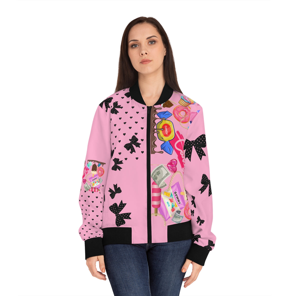 Pink Candy Print Bomber Jacket — Pink Sweets Graphic Women's Jacket