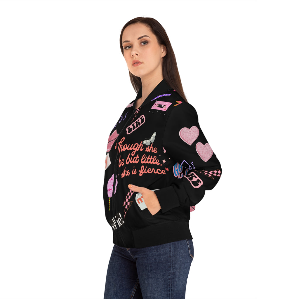 Media Bomber Jacket — Black Retro Pink Pop Sticker Pattern with 'Though She Be But Little, She Is Fierce'