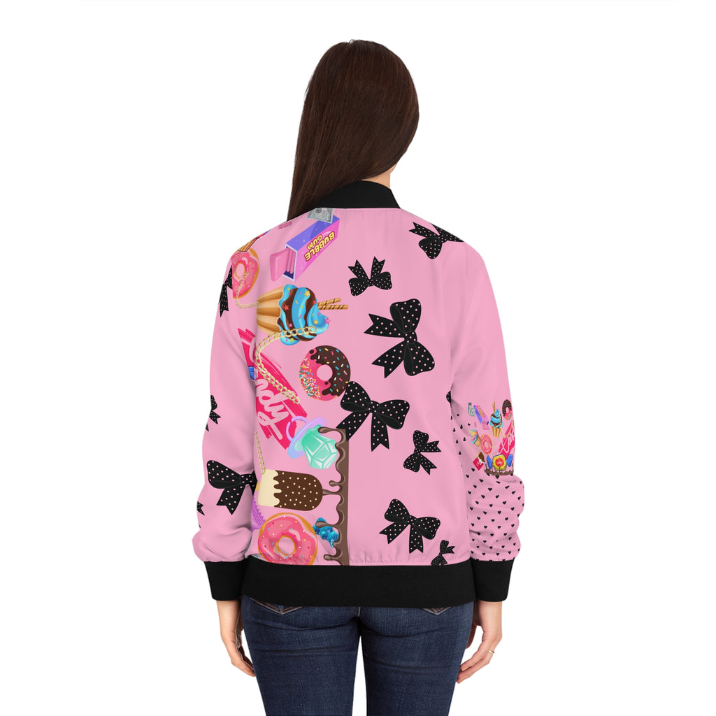 Pink Candy Print Bomber Jacket — Pink Sweets Graphic Women's Jacket