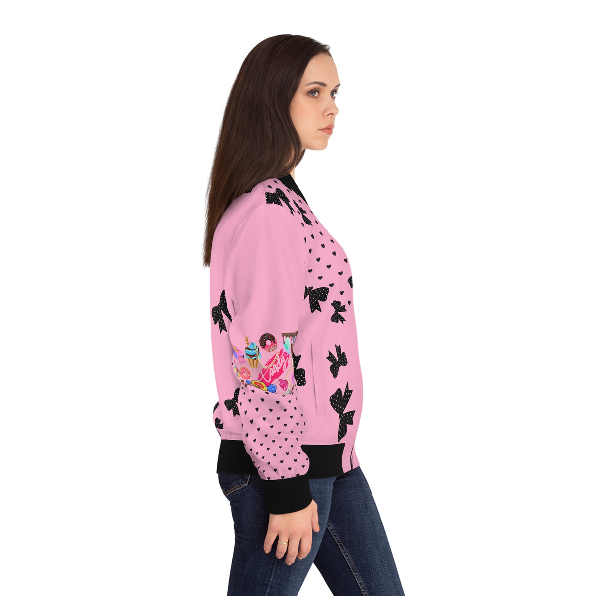 Pink Candy Print Bomber Jacket — Pink Sweets Graphic Women's Jacket