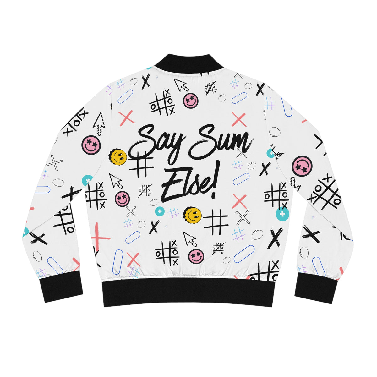 Say Sum Else! White graphic bomber jacket | Streetwear smiley face collage