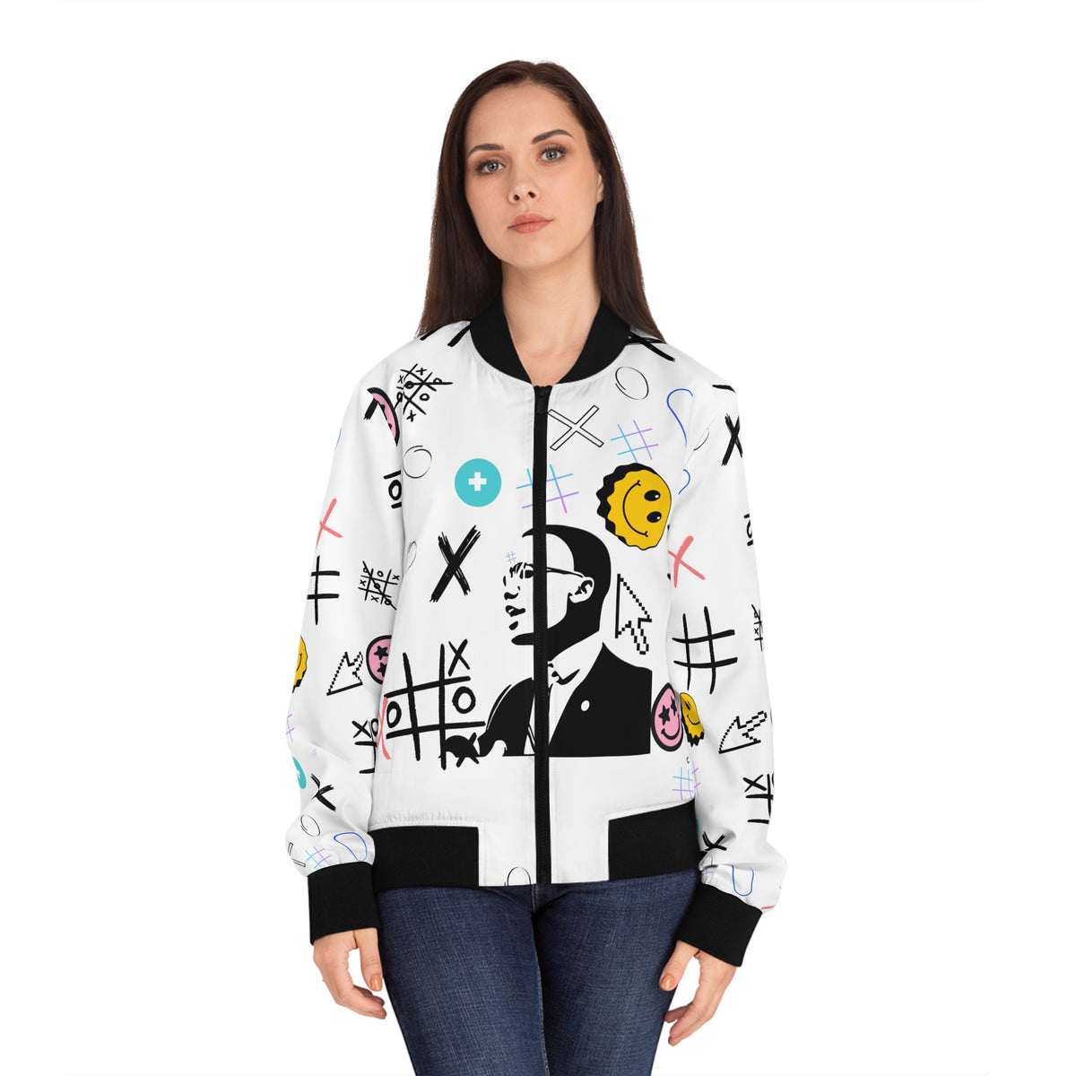 Say Sum Else! White graphic bomber jacket | Streetwear smiley face collage