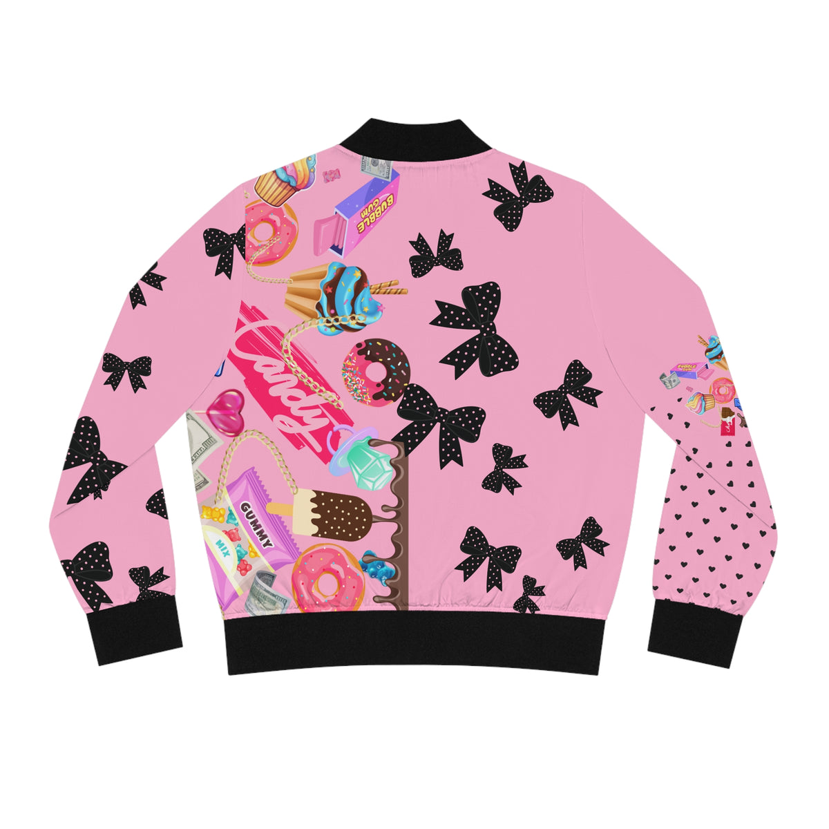 Pink Candy Print Bomber Jacket — Pink Sweets Graphic Women's Jacket