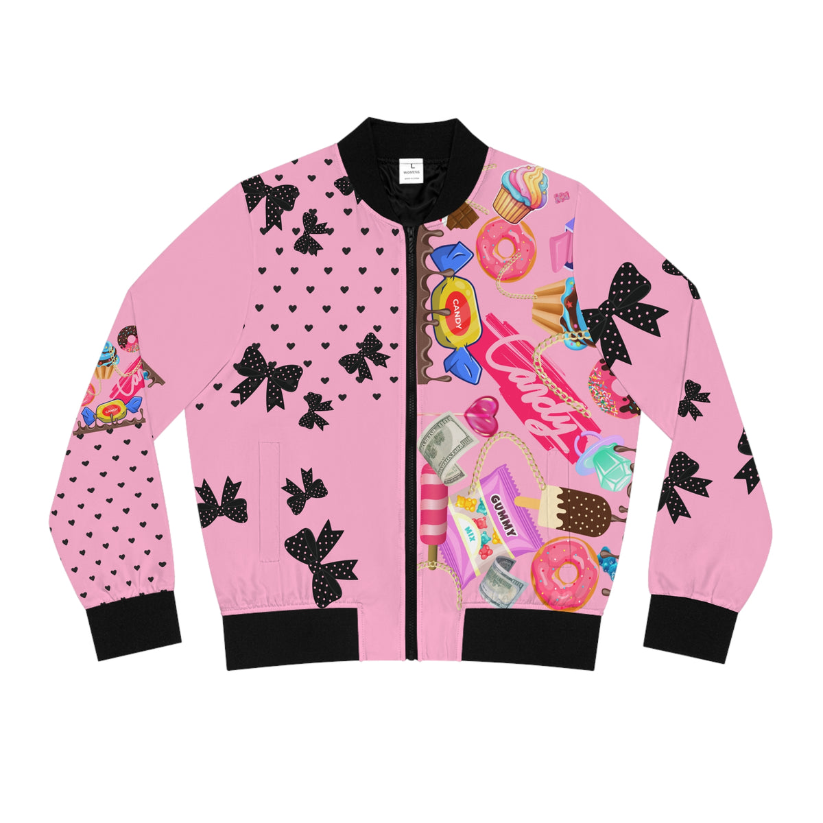 Pink Candy Print Bomber Jacket — Pink Sweets Graphic Women's Jacket