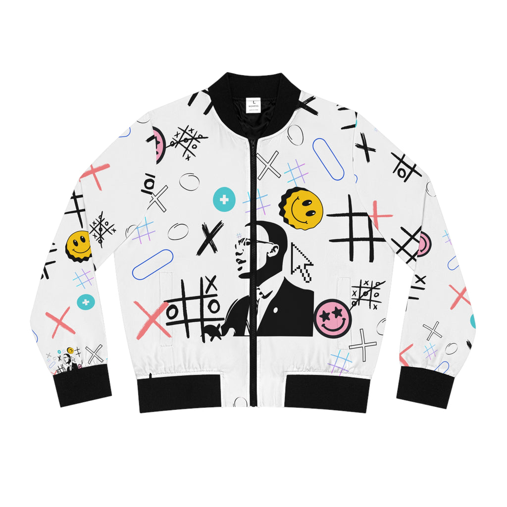 Say Sum Else! White graphic bomber jacket | Streetwear smiley face collage