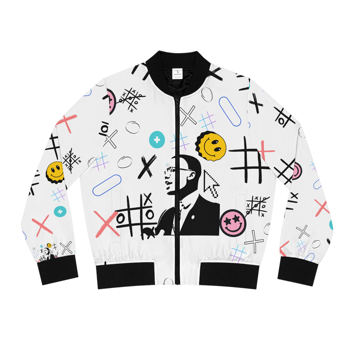 Say Sum Else! White graphic bomber jacket | Streetwear smiley face collage