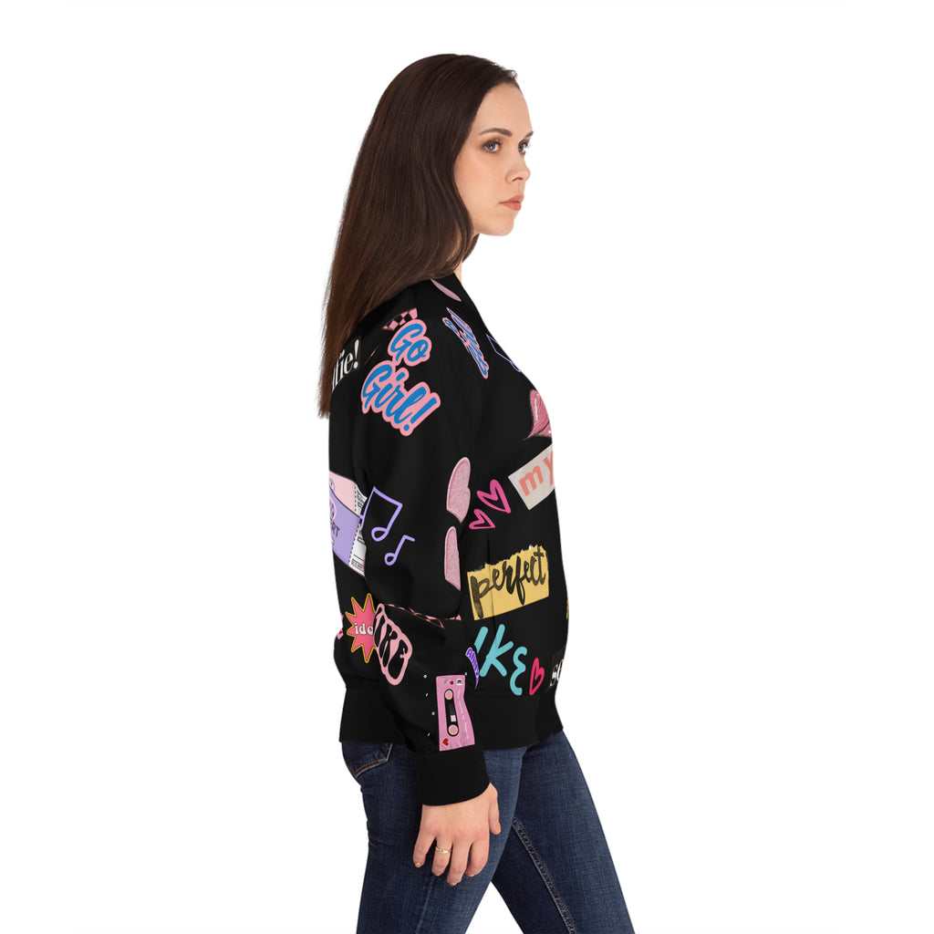 Media Bomber Jacket — Black Retro Pink Pop Sticker Pattern with 'Though She Be But Little, She Is Fierce'