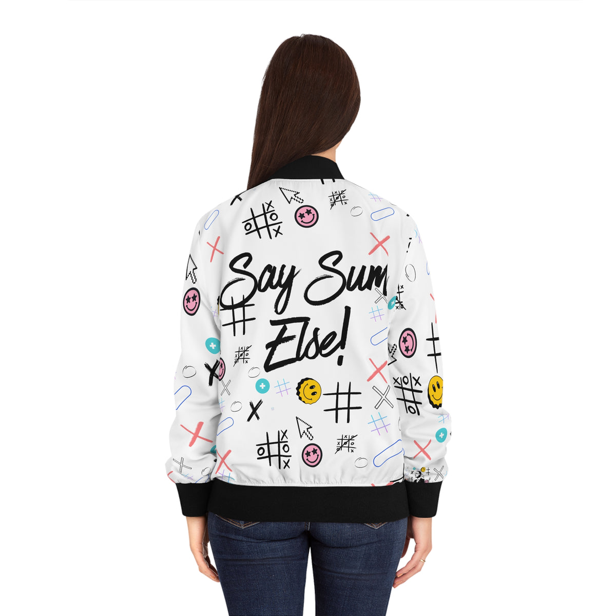 Say Sum Else! White graphic bomber jacket | Streetwear smiley face collage